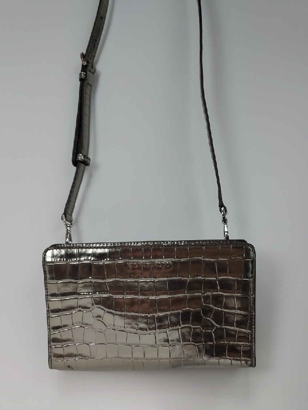 Michael Kors Metallic Silver Croc-Embossed Metallic Crossbody Bag Clutch